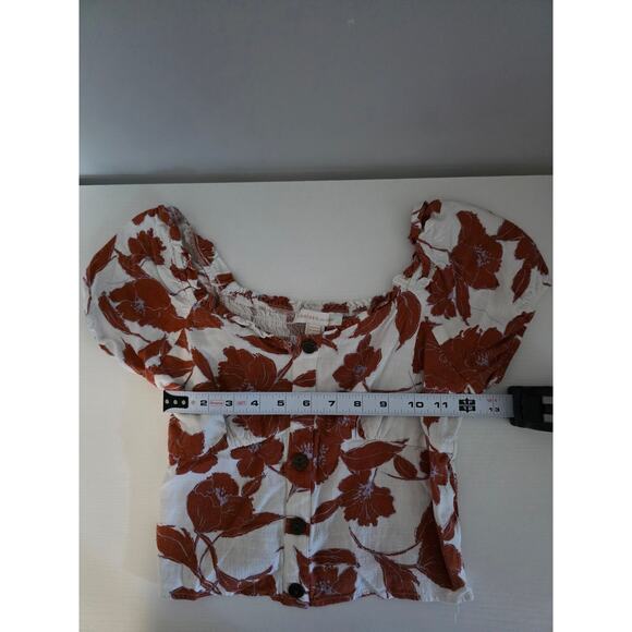 Monteau LA Sz S Cropped Off Shoulder Linen Blend Floral Top Smock Back Top Cute - Picture 4 of 7